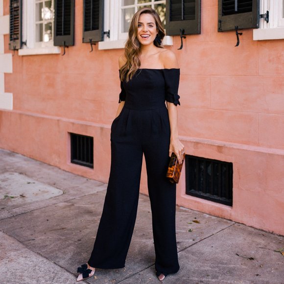 Gal Meets Glam Collection - Meredith pink jumpsuit - off the shoulder with bows - Picture 9 of 15